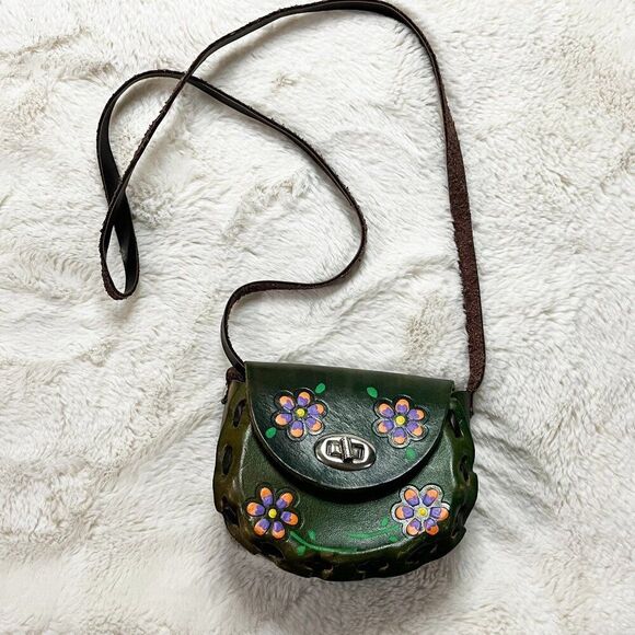 Vintage Handbags - Made in Mexico Green Leather Floral Colorful‎ Tooled Mini Crossbody Bag